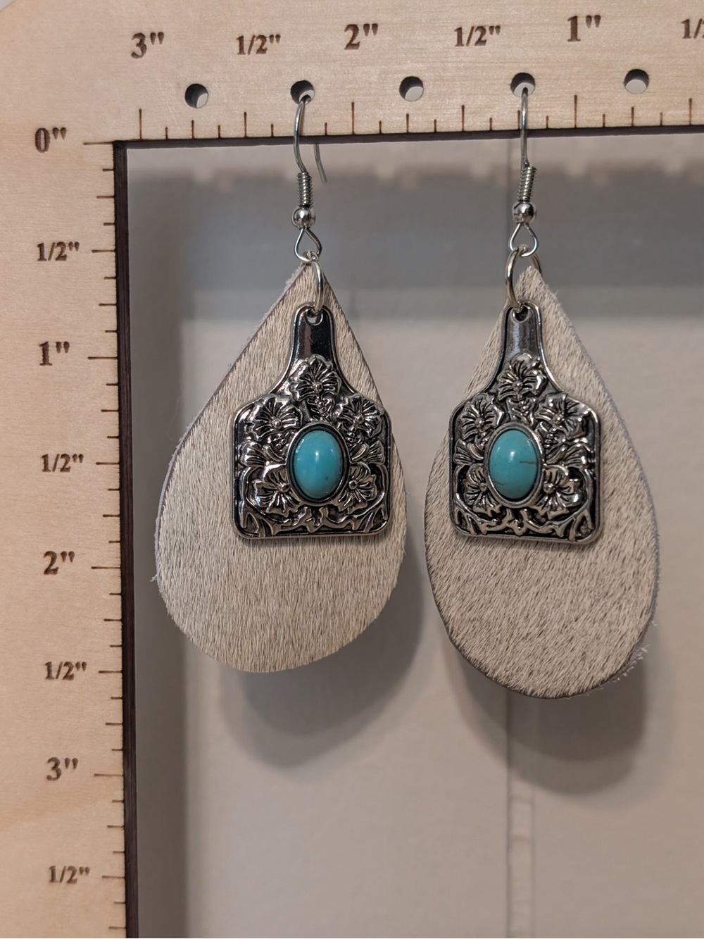 Handmade White Teardrop Earrings with Turquoise Stone Accent